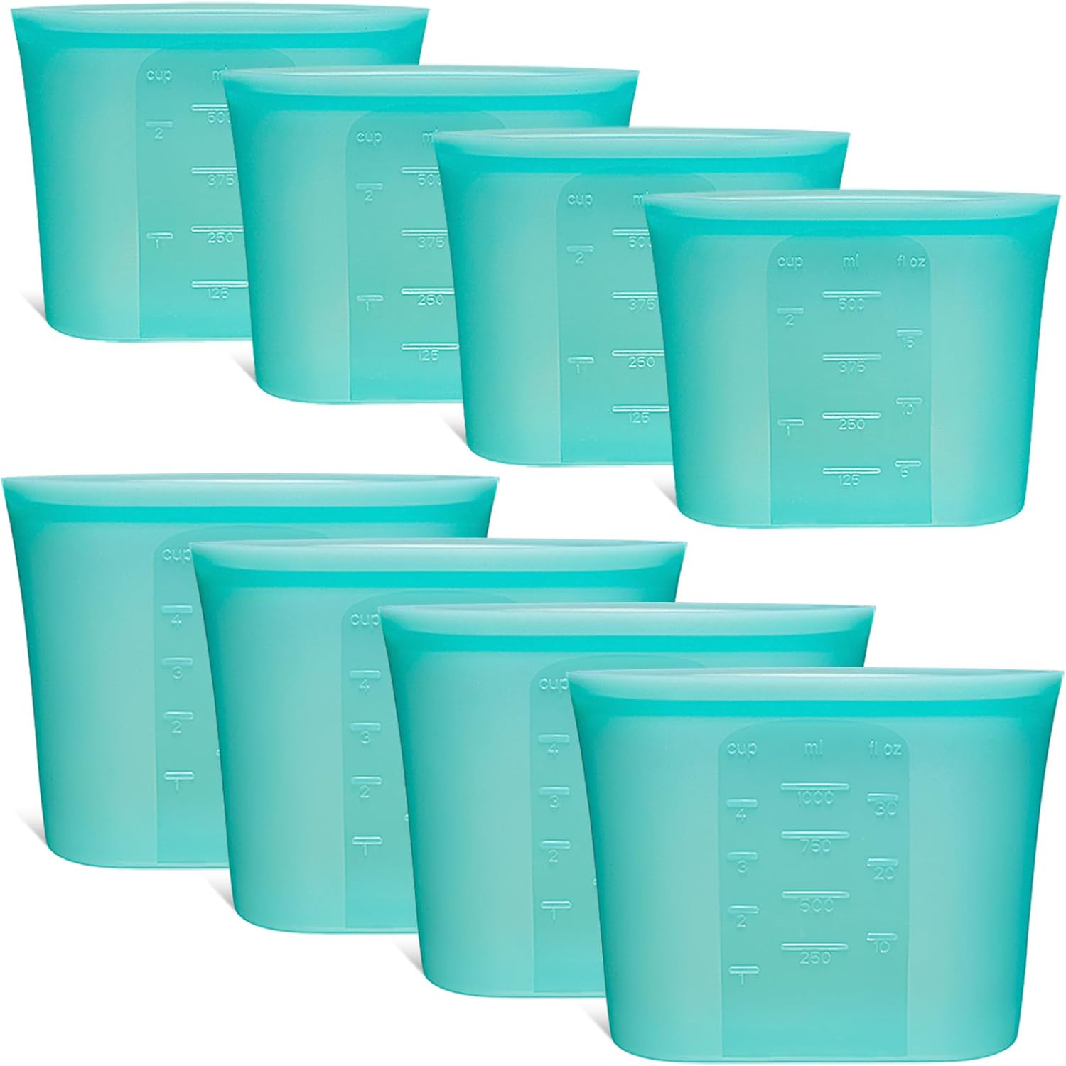 8-Pack Reusable Silicone Food Storage Bags, 100% Silicone Stand-Up Wide-Open Zip-Lock Reusable Storage Bags for Food, Freezer Microwave Oven Dishwasher Safe, Aqua, 4S 4XS