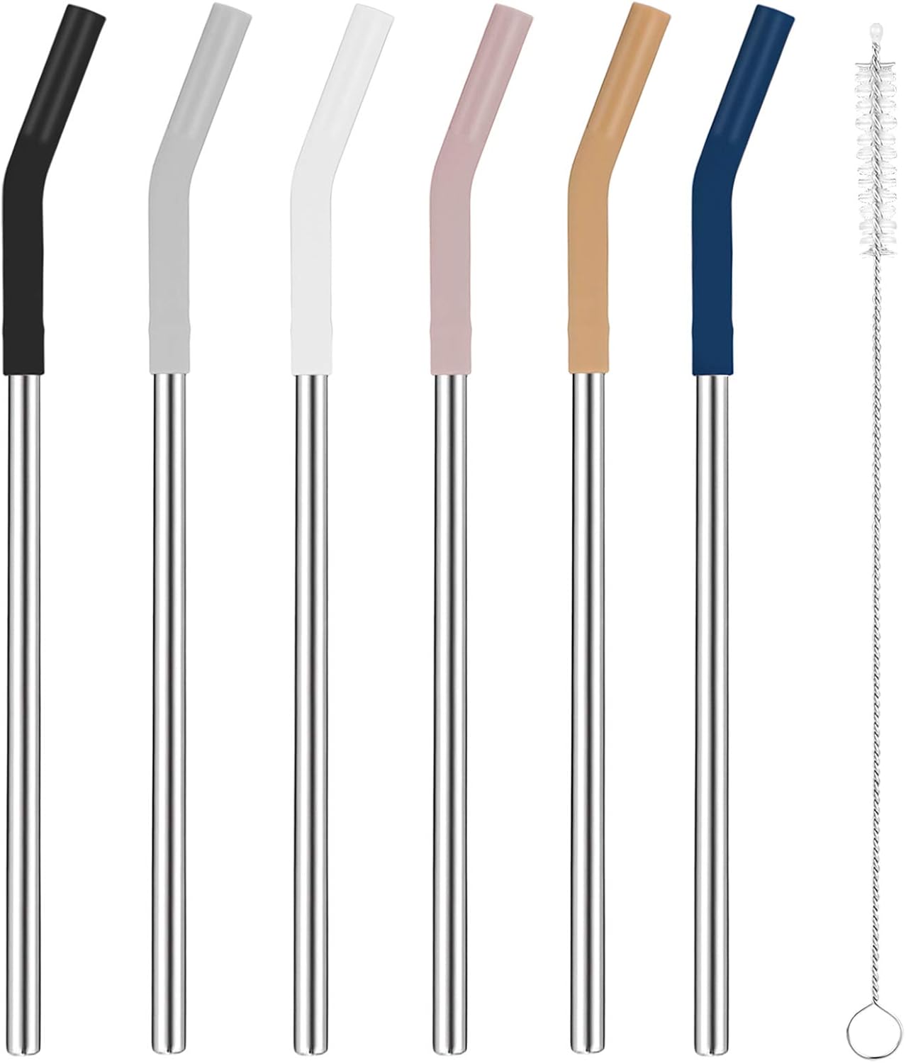 Tronco Set of 6 Stainless Steel Reusable Metal Straws with Silicone Flex Tips Elbows Cover, Metal Drinking Straws for Tronco Tumbler, 6 Steel Straws,6 Silicone Tips,1 Straw Cleaning Brush
