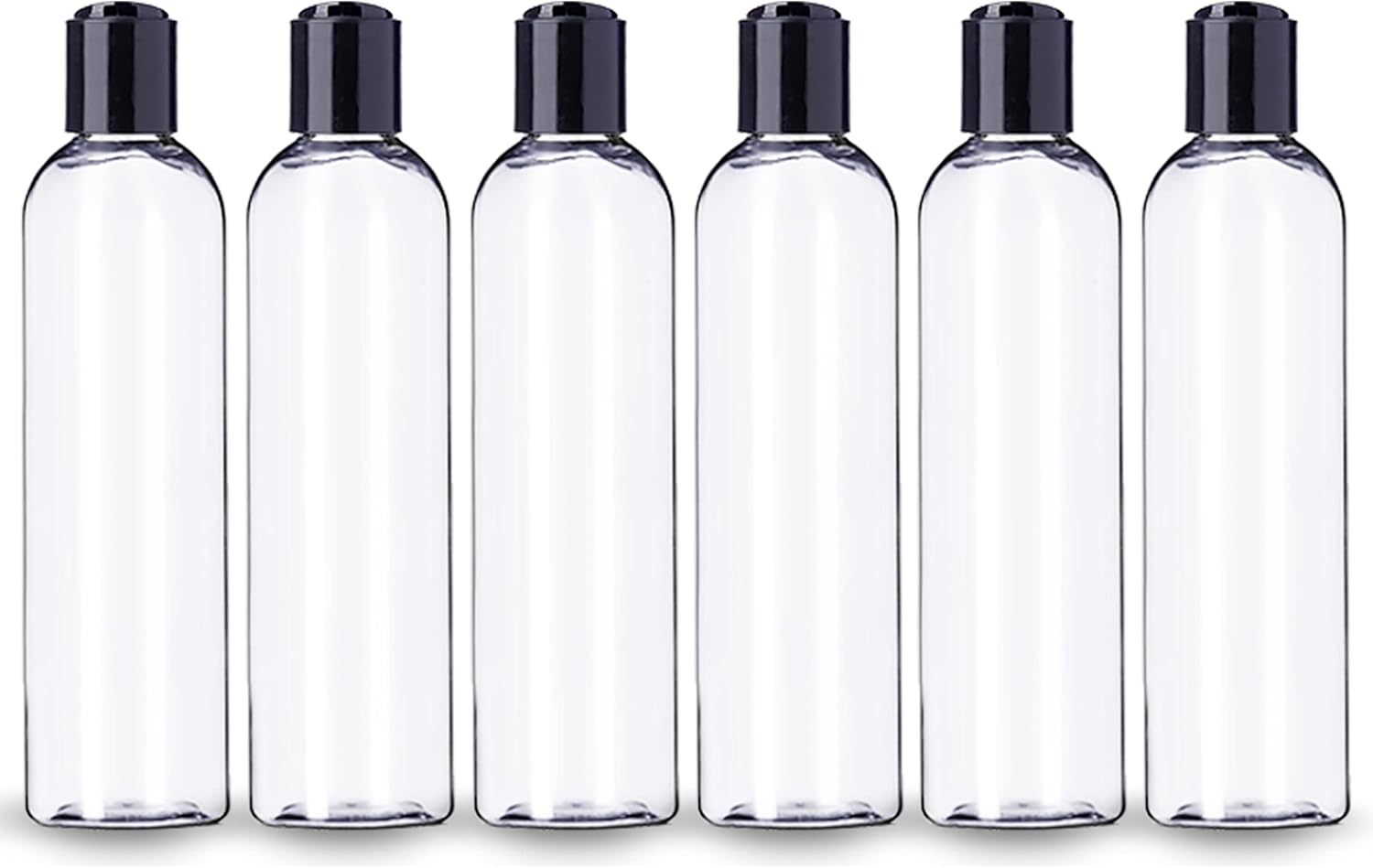ljdeals 8 oz Clear Plastic Empty Bottles with Black Disc Top Caps, Refillable Containers for Shampoo, Lotions, Cream and More Pack of 6, BPA Free, Made in USA