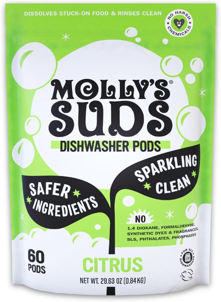 Molly’s Suds Dishwasher Pods | Clean Dishwasher Detergent, Cuts Grease & Rinses Clean (Residue-Free) for Sparkling Dishes | 60 Auto-Release Tabs (Citrus)