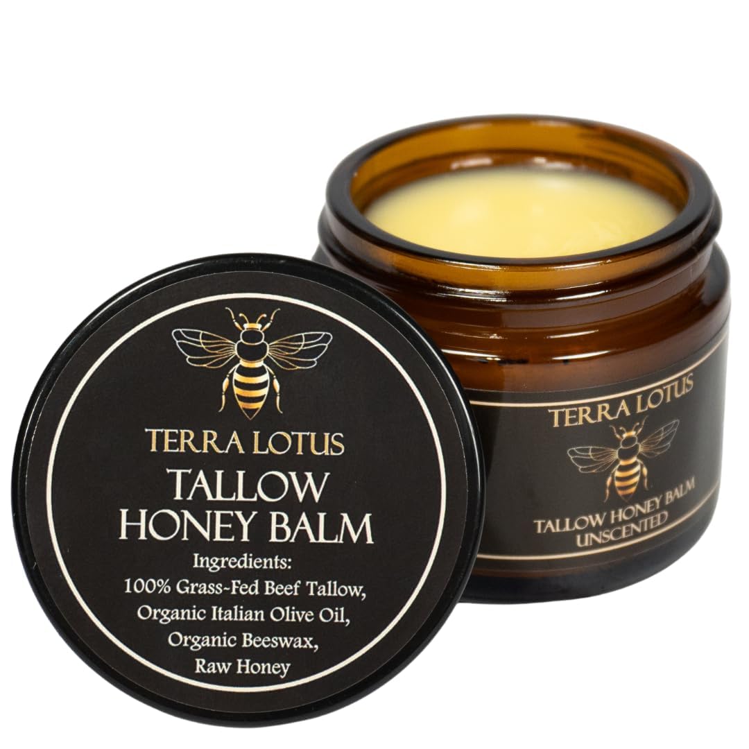 Terra Lotus – Organic Grass-Fed Beef Tallow Balm with Raw Honey – Moisturizing Cream for Soft, Smooth Skin – Handmade All-Natural Moisturizer (2 Oz, Unscented)