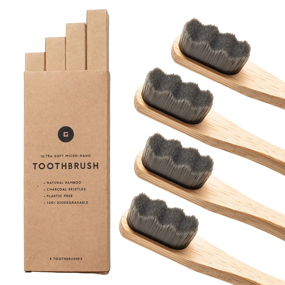 Gongi Wooden Bamboo Toothbrush – 20,000 High Bristle Count Toothbrush – Micro-Nano Extra Soft Bristles – 4-Pack