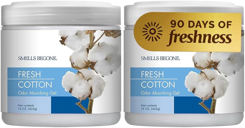 SMELLS BEGONE 15oz Gel Odor Eliminator – Absorb & Remove Tough Odors in Pet Areas, Bathrooms, Basements, Garage, Cars, RVs & Boats – Eliminate Odors Quickly (2-Pack, Fresh Cotton)