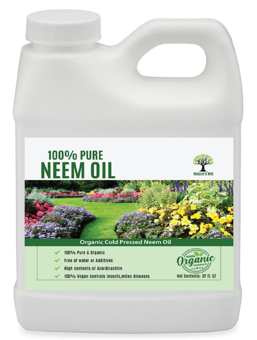 Nature’s Will 100% Pure Organic Neem Oil, Cold Pressed and Unrefined, Water Soluble Concentrated, Non-GMO for Indoor and Outdoor Plants and Vegetable (32, Ounces)