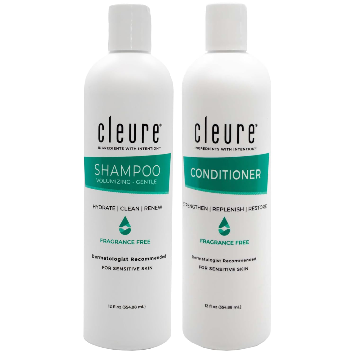 Cleure Shampoo and Conditioner Set Sulfate Free, Fragrance Free for Sensitive Skin – Volumizing Shampoo & Hydrating Conditioner (12 Oz each, Pack of 2)