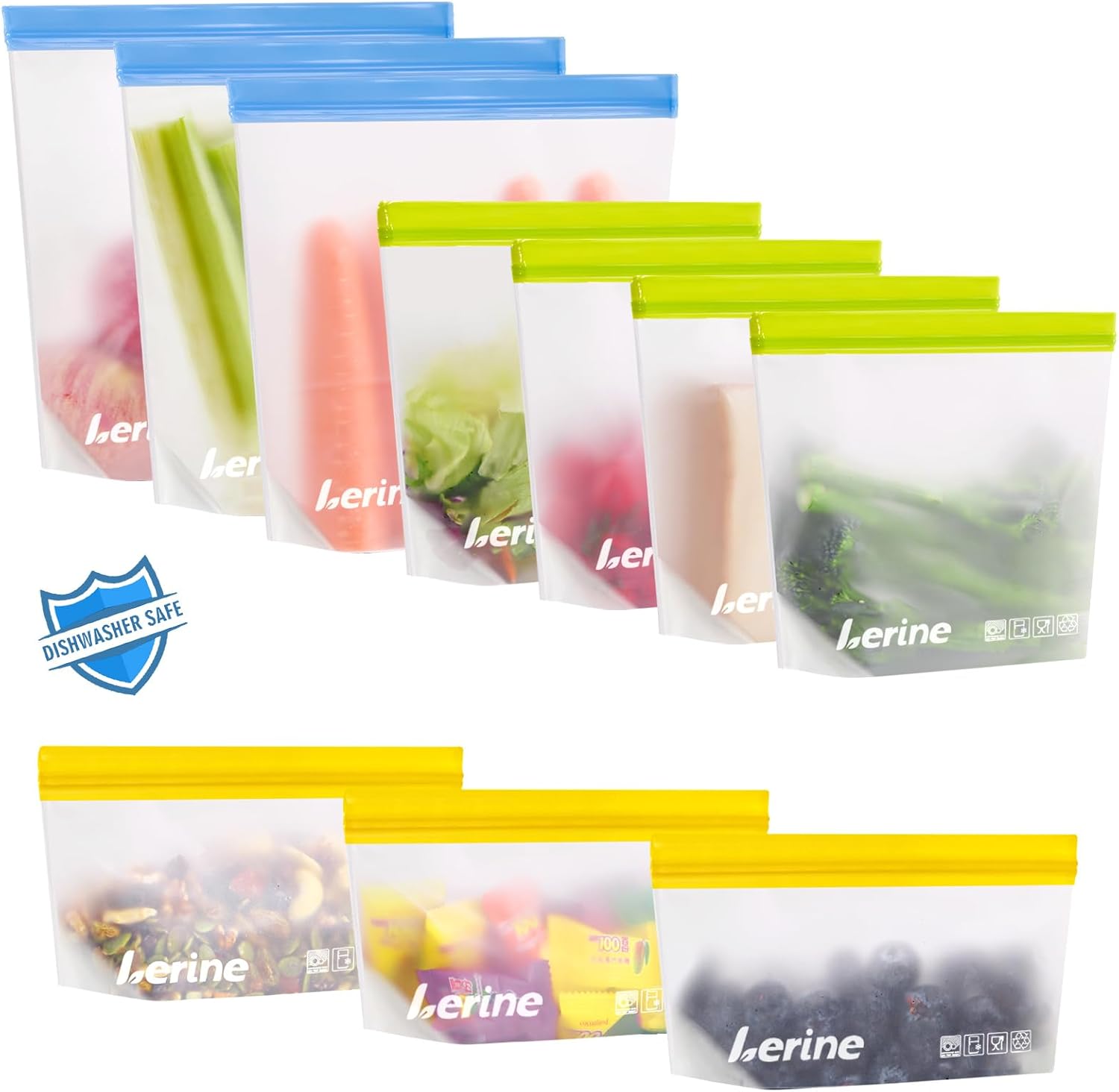 Lerine 10 Pack Stand-Up Reusable Freezer Bags, Leakproof Dishwasher Safe Food Storage Bags, BPA Free Reusable Gallon Bags for Marinating, Meal Prep (Multicolor, 3 Gallon 4 Sandwich 3 Snack)