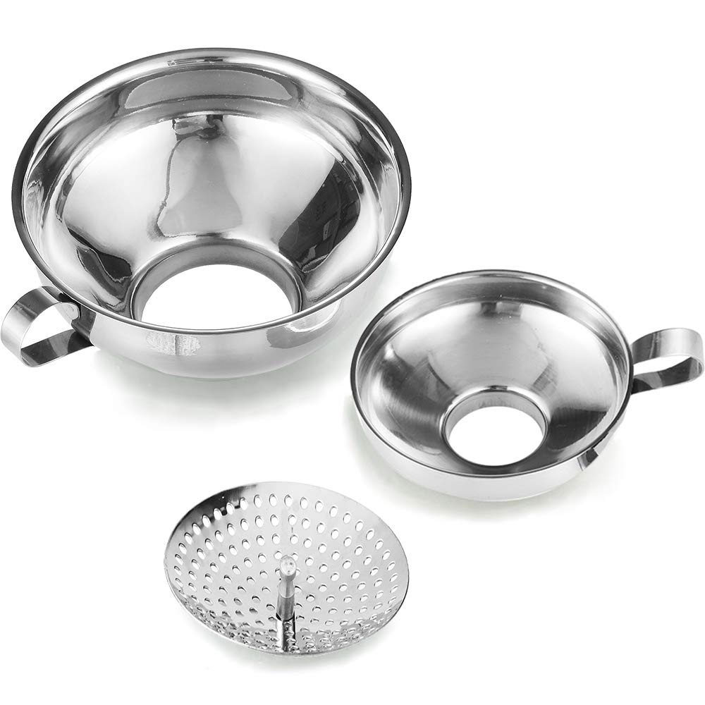 Delove Canning Funnel with Strainer for Wide and Regular Mason Jars – Wide-Mouth Funnels for Kitchen Use – Canning Supplies Kit – Stainless Steel – 3 Pack (Small and Large)