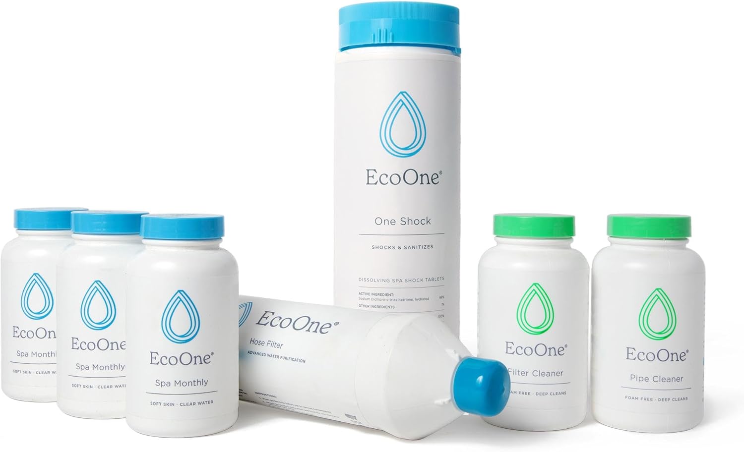 EcoOne Spa & Hot Tub Starter Kit | Comes with 3 Monthly Cleanser, 1 Shock Granules, 1 Filter Cleaner, 1 Pipe Cleaner, & 1 Hose Filter | Stabilizes pH & Alkalinity, 3-Month