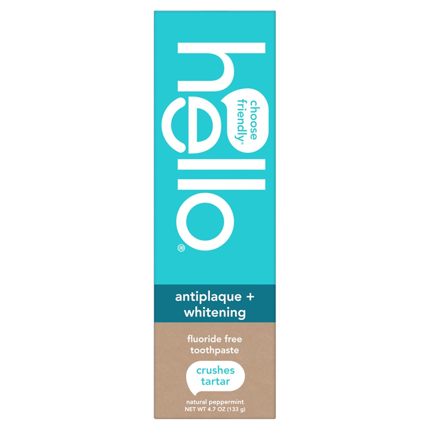 hello Antiplaque and Whitening Fluoride Free Toothpaste, Whitening Toothpaste with Coconut Oil and Tea Tree Oil, Helps Whiten Teeth, Natural Peppermint, 4.7 Oz Tube