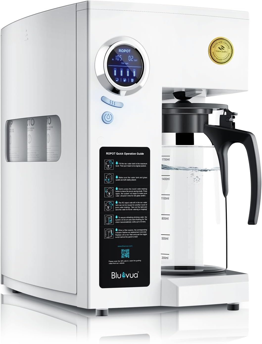 Bluevua RO100ROPOT Countertop Reverse Osmosis Water Filter System, Portable RO Filtration with Remineralization, No Installation, WQA Certified – ROPOT, 5-Stage RO