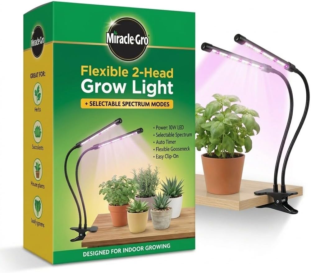 Miracle-Gro, Grow Light for Indoor Plants – 10W LED, Flexible 2-Head, Selectable Spectrum for Indoor Plants, Seeds, Herbs, Flowers, Plug-in Anywhere for Any Plant