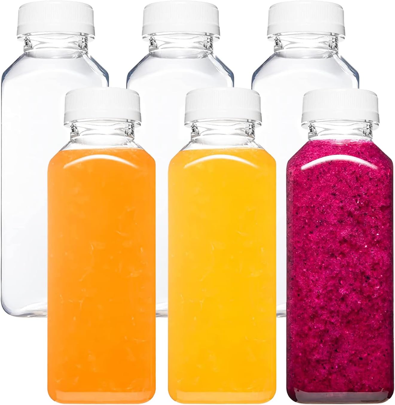 Norcalway Plastic Juice Bottles with Caps, Reusable Juicing Bottles, Clear Drink Containers with Lids for Juicing, Smoothie and Other Beverages – 12oz 6pcs