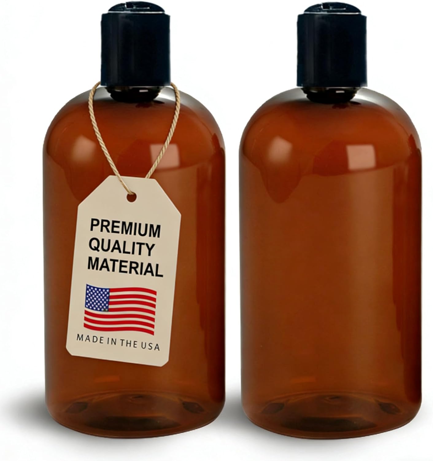 ljdeals 16 oz Amber Plastic Empty Bottles with Black Disc Top Caps, Refillable Containers for Shampoo, Lotions, Cream and More, BPA Free, Pack of 2, Made in USA