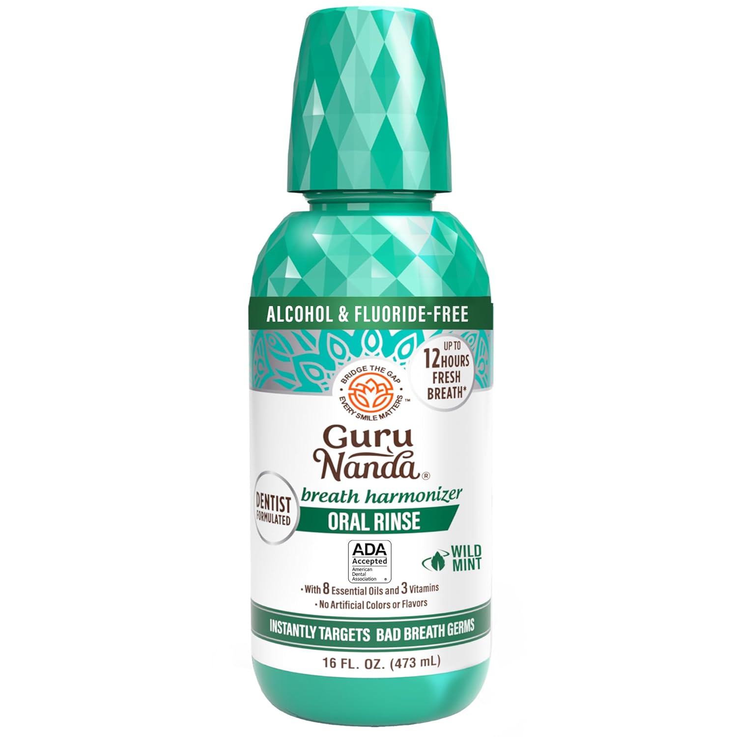 GuruNanda Oral Rinse Fresh Breath Mouthwash, ADA-Accepted Alcohol-Free Mouthwash, 7 Essential Oils & Vitamins, SLS & Flouride-Free, Wild Mint, 16 Oz