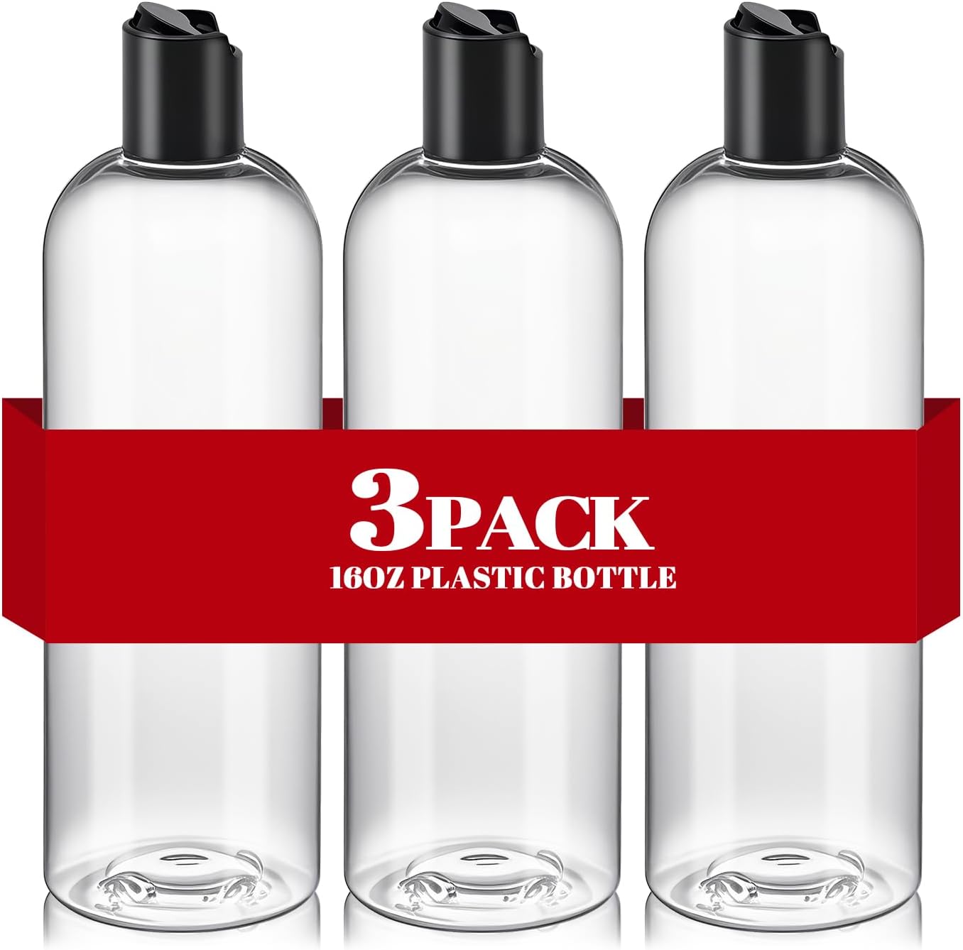 3Pcs 16 oz Clear Plastic Refillable Travel Shampoo and Conditioner Bottles with Black Disc Top Caps，Squeeze Empty Bottles Cosmetic Containers for Lotions, Body Soap Cream
