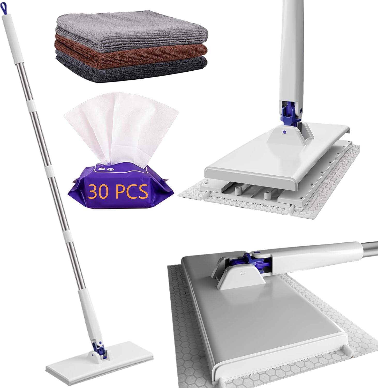 RIGONE Snap Grip Mop, 49″ Hands Free Floor Cleaner, Cloth Changing Flat Mop, Zero Touch 35-Piece Kit with 30 Dry Wipes & 3 Reusable Cloths, Universal Dust Sweeper for Wall Window Hardwood