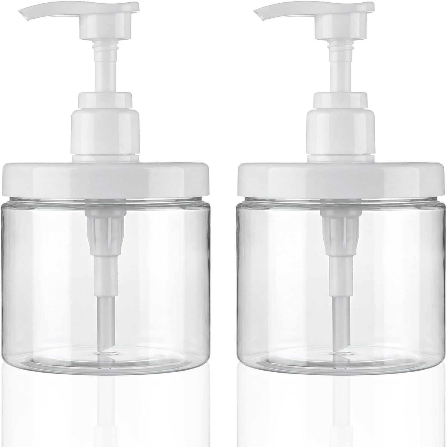 Cosywell Pump Bottle Dispenser Plastic Refillable Bottles Wide Mouth Jar Style Empty Bathroom Shower Containers for Lotion Shampoo Conditioner (Clear, 2X 500ml)