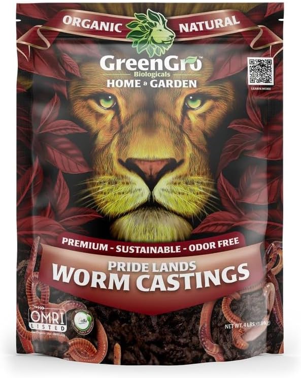 GreenGro Pride Lands Worm Castings – Outdoor & Indoor Natural Fertilizer/Beneficial Bacteria/Top Dressing/Soil Additive/Compost Tea made from Worm Castings (4lb)