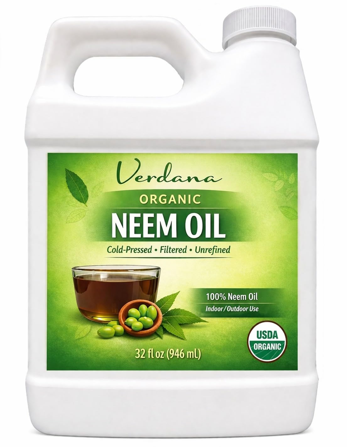 Verdana Organic Neem Oil – Cold Pressed, 100% Pure Neem Seed Oil, Concentrated Multi-Purpose Oil for Skin, Hair & Plant Use, No Additives – 32 Fl Oz