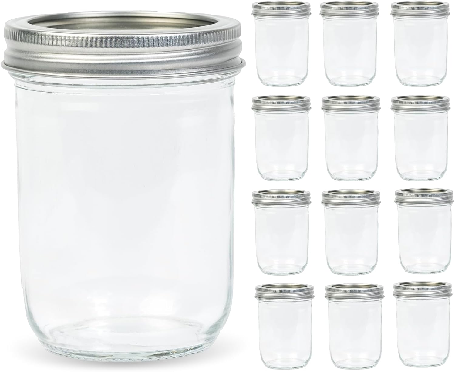 Yodecy 12 Pack 16 oz Wide Mouth Clear Mason Jars with Silver Metal Lids, Canning Jars for Overnight Oats, Food Storage, Dry Food, Snacks, Candies and More
