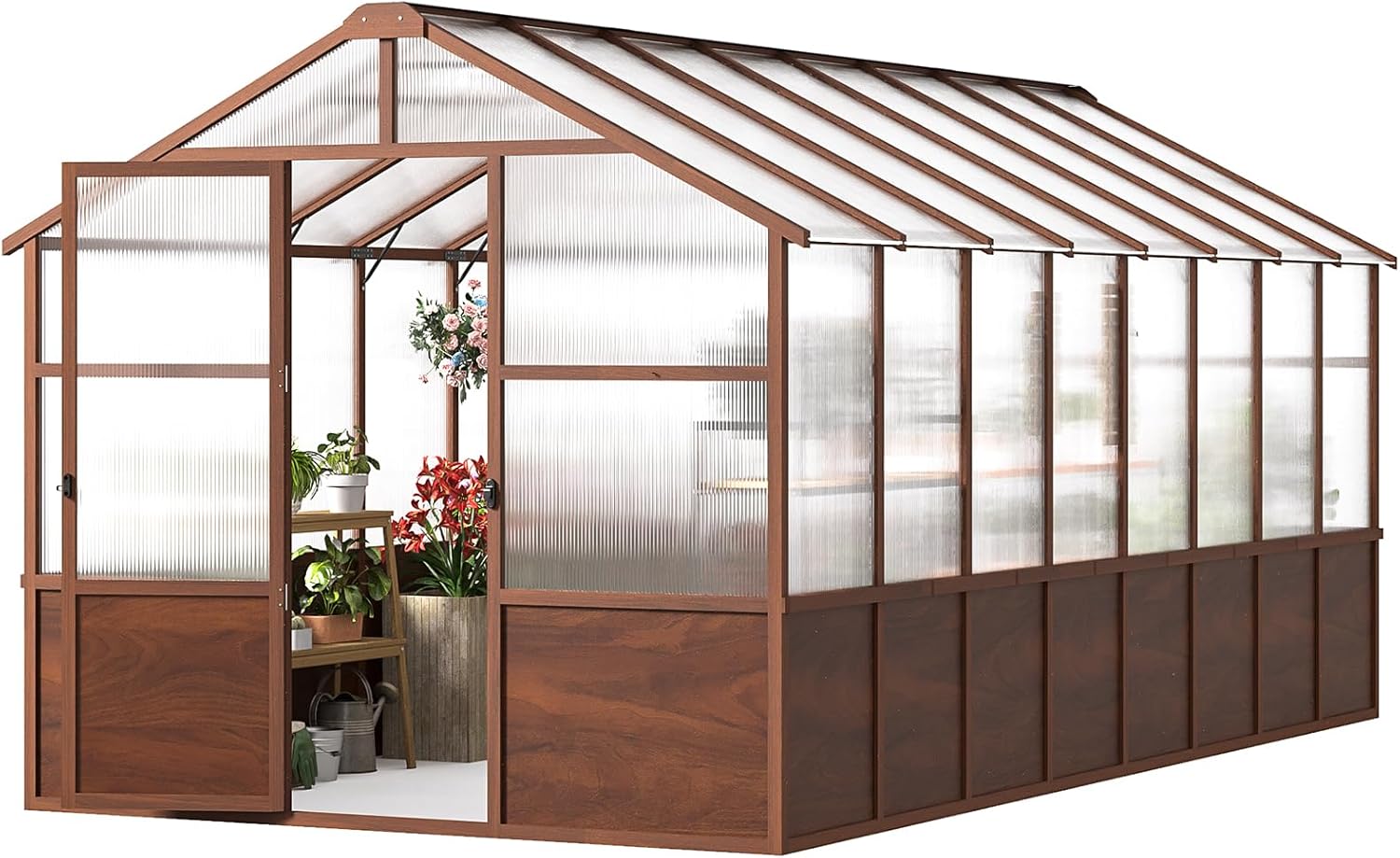 Jocoevol 8x16FT Greenhouse for Outdoors, Wooden Frame Polycarbonate Green House w/ Adjustable Roof Vent and Lockable Door Handle, Walk-in Greenhouses for Outside Garden Backyard