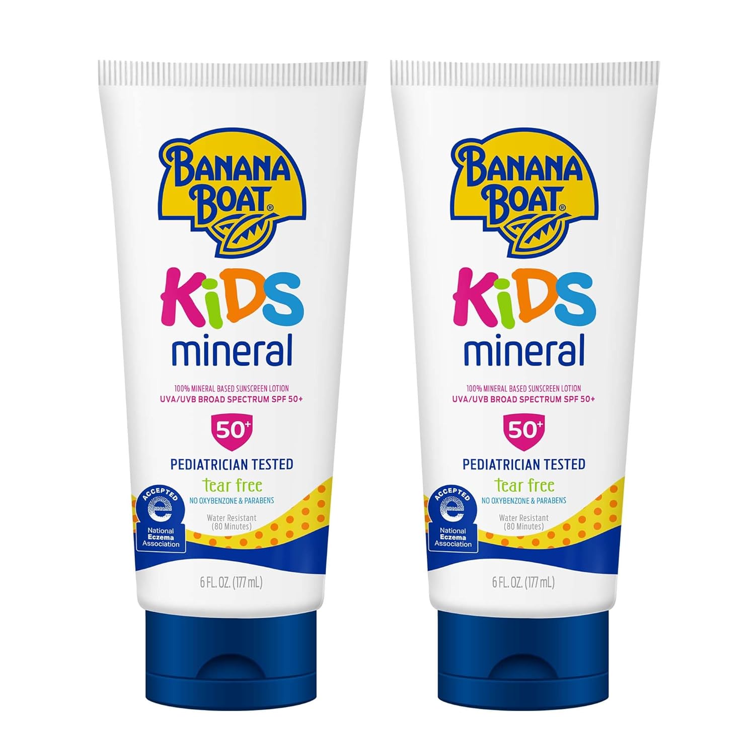 Banana Boat 100% Mineral Kids Sunscreen Lotion SPF 50, Twin Pack | Banana Boat Mineral Sunscreen for Kids, Childrens Sunblock SPF 50, Oxybenzone Free, 6Fl Oz each (Pack of 2)