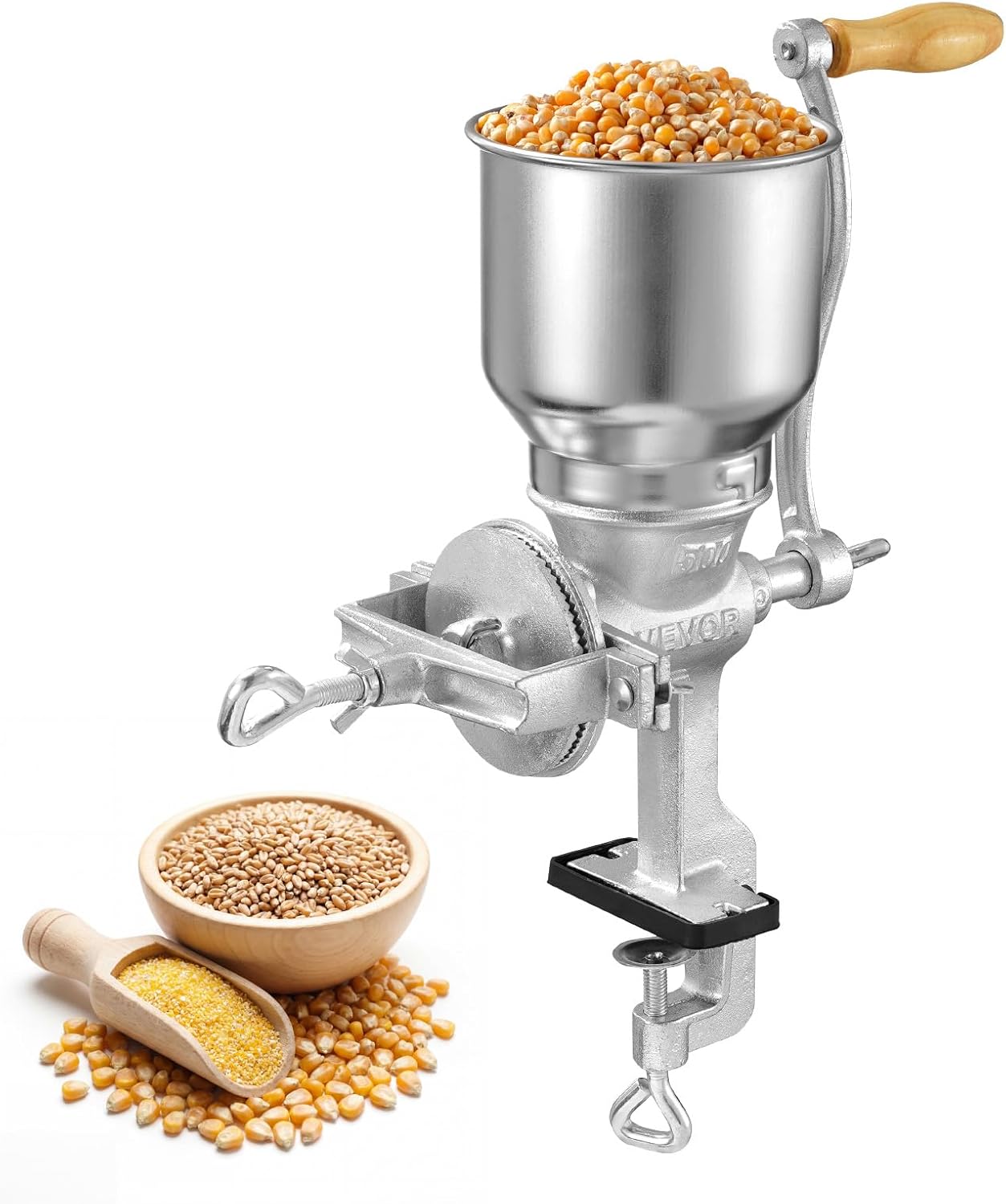 VEVOR Manual Grain Mill with High Hopper, Hand-Crank Corn Grinder, Heavy Duty Cast Iron Wheat Grinding Mill with Stable Table Clamp for Grains Spices Coffee Beans Nuts