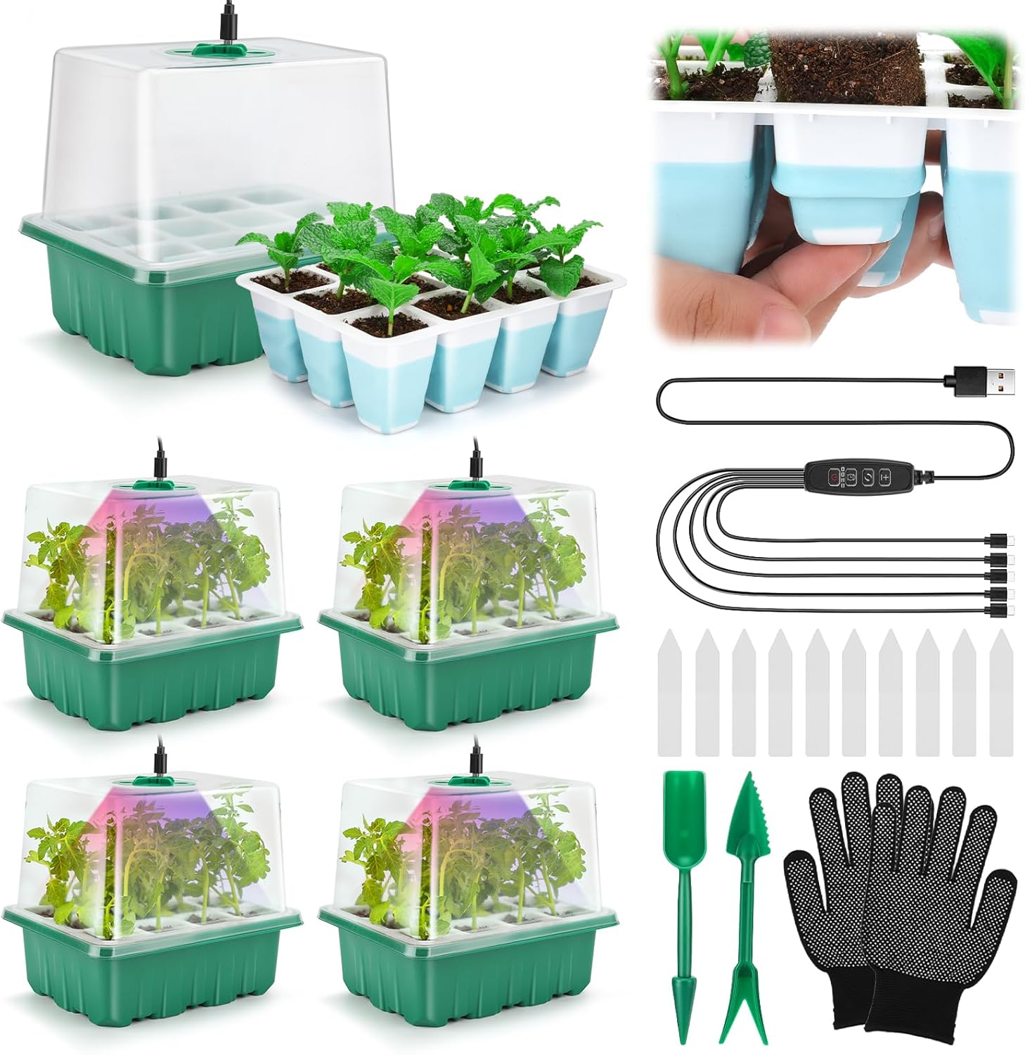 Seed Starter Tray with Grow Light, 60 Flexible Cells 5 PCS Seed Starter Kit, Reusable Seedling Starter Trays with Humidity Dome and High Lid, Germination Trays for Indoor Greenhouse Seed Starter