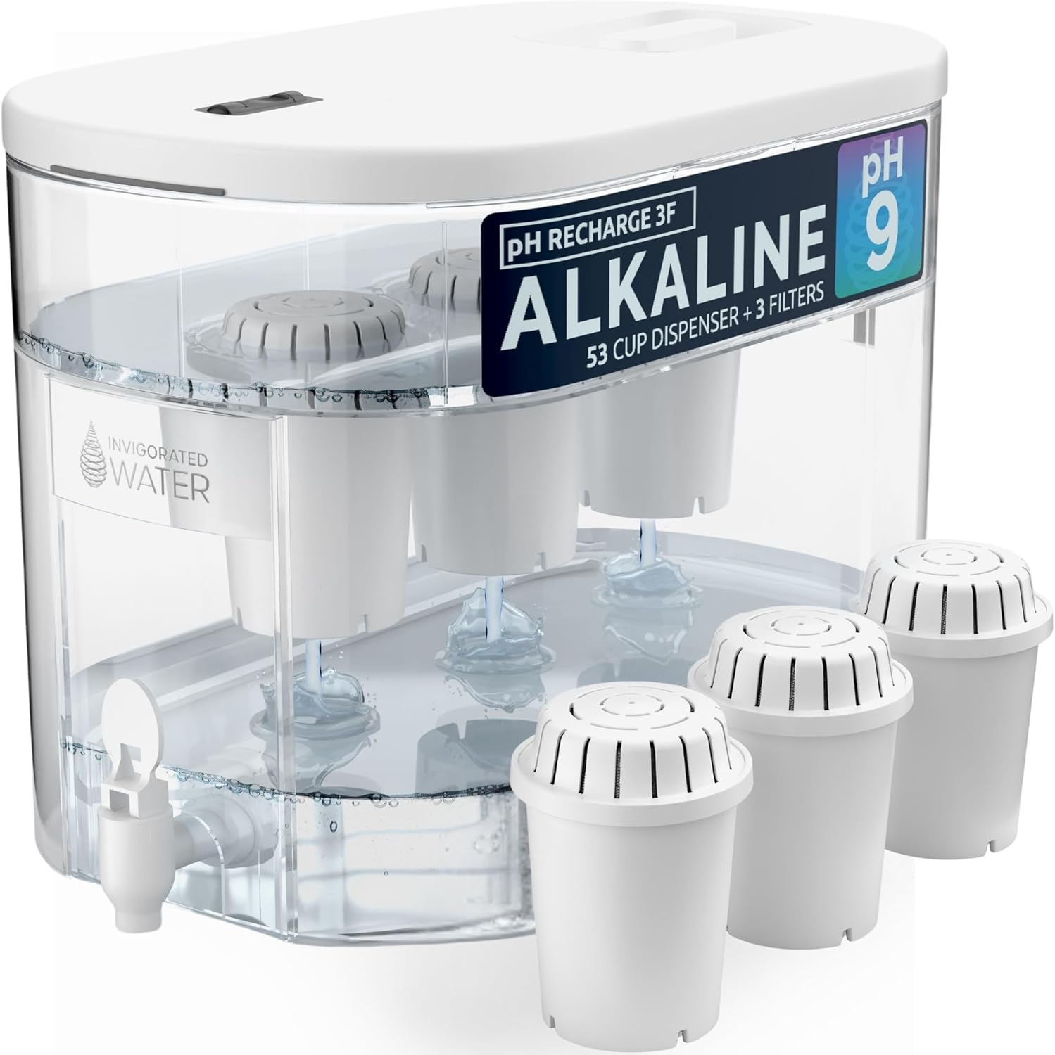 Invigorated Water – Alkaline Countertop Water Filter Dispenser, Large 53-Cup Capacity, Mineralized Alkaline Water, BPA-Free, 96 Gallons/Filter (White, 3 Filters Included)