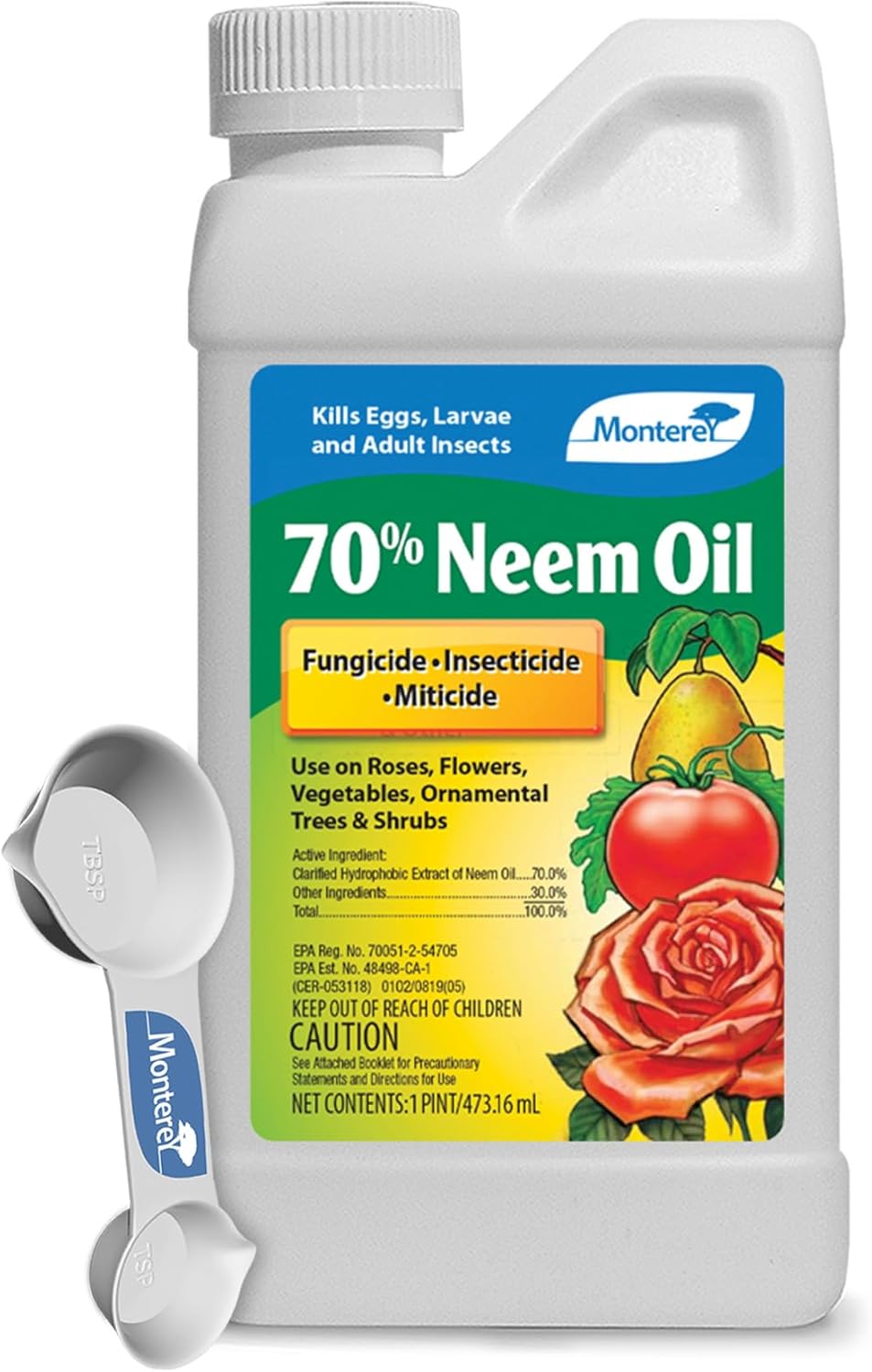 Monterey 70% Neem Oil Fungicide/Insecticide/Miticide with Spoon – Controls Powdery Mildew, Black Spot, Rust, Spider Mites, Aphids, and More – For Use on Roses, Vegetables, Fruits, and Flowers – 1 Pint