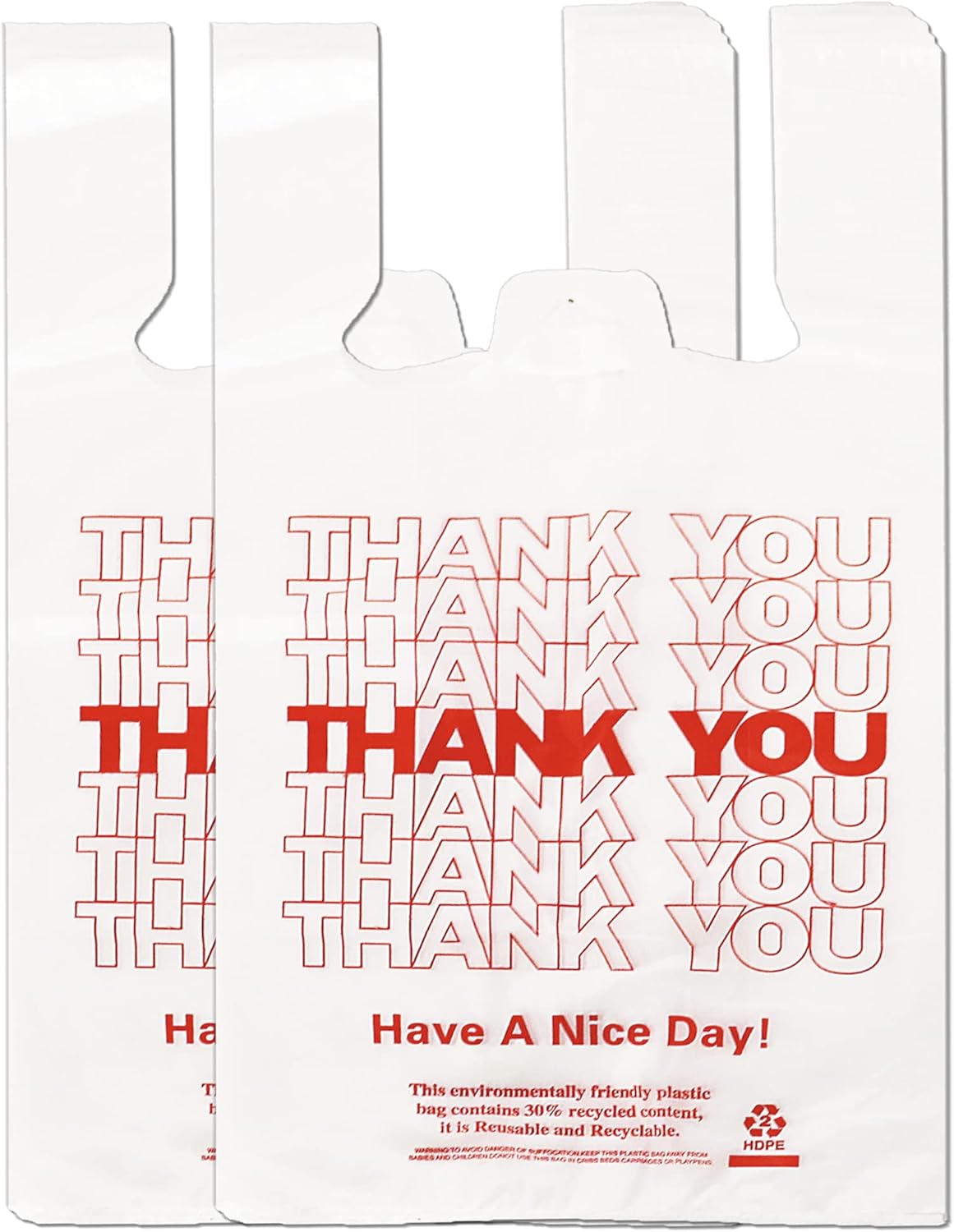 YoYoRain White Thank you T shirt bag, Grocery shopping bag Reusable and Disposable Supermarket Bag 11”x6”x21” 100PCS