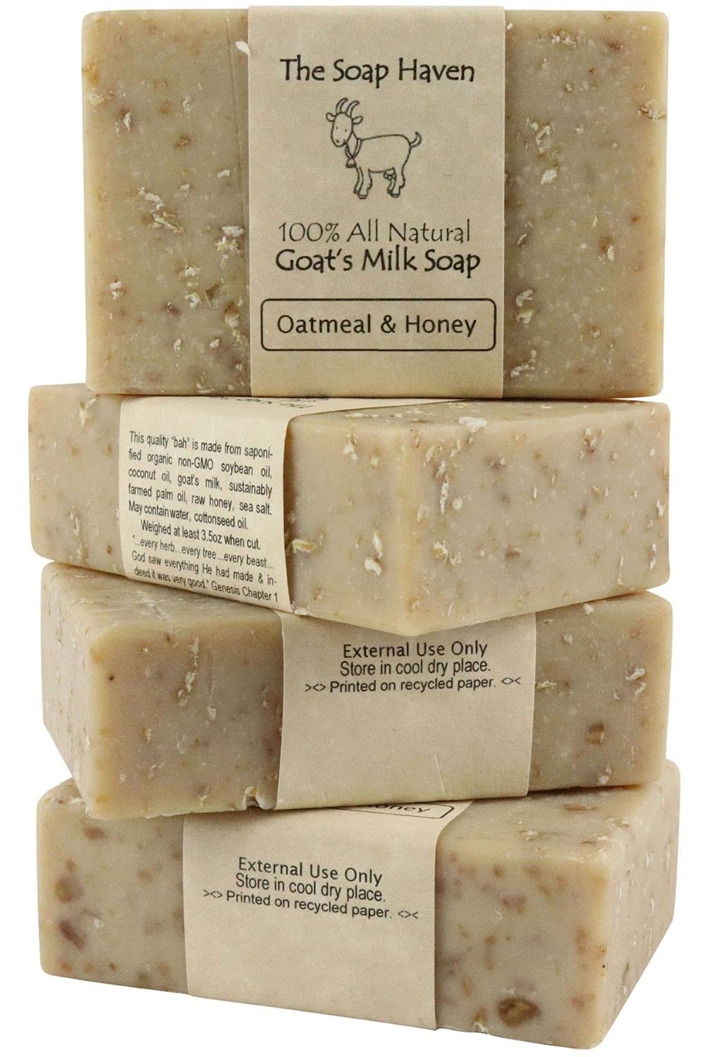 Oatmeal Soap – 4 Oatmeal & Honey Goat Milk Soap Bars, Handmade in USA, All Natural, Unscented, SLS Free, No Parabens