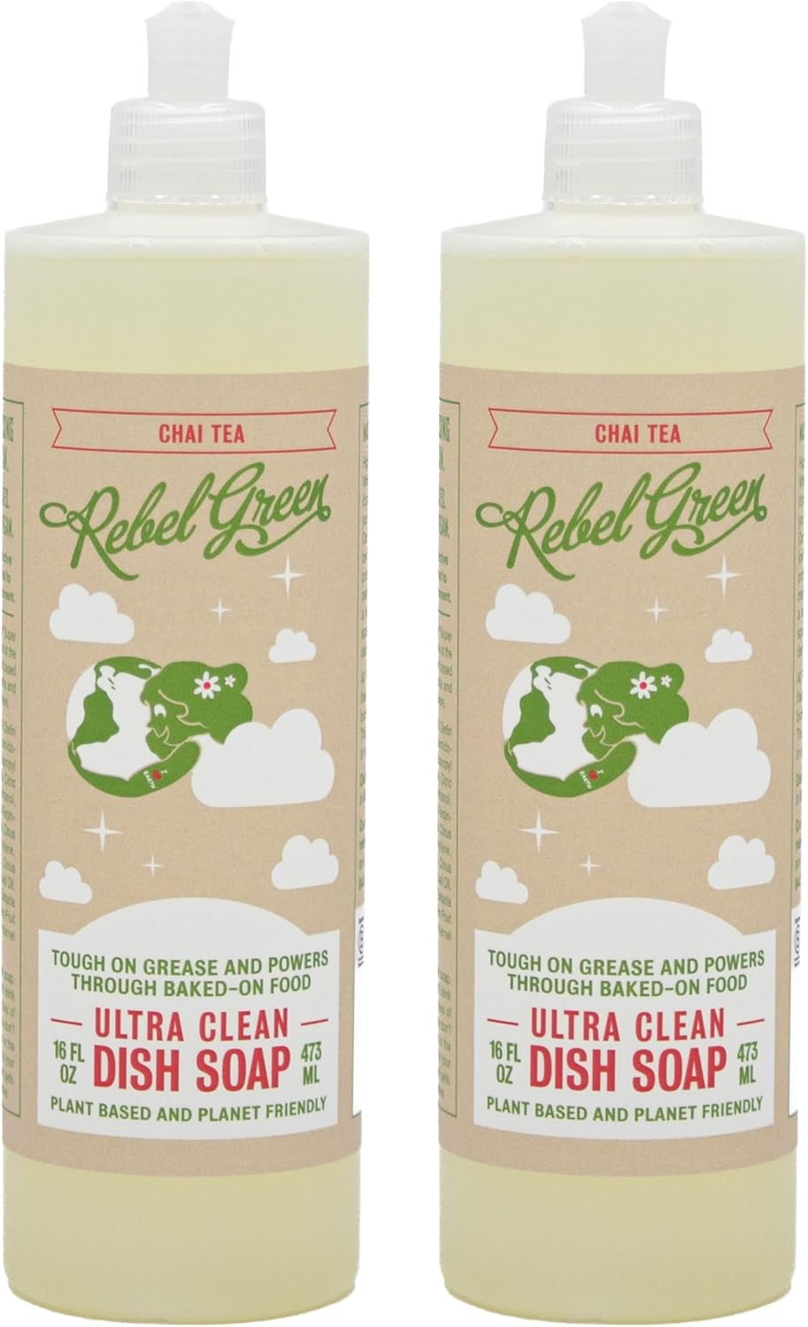 Rebel Green Super Deluxe Dish Soap – Natural Dishwashing Soap – Liquid Dish Detergent – Sustainable Dish Liquid Scented with Chai Tea – (16 oz Bottles, 2 Pack)