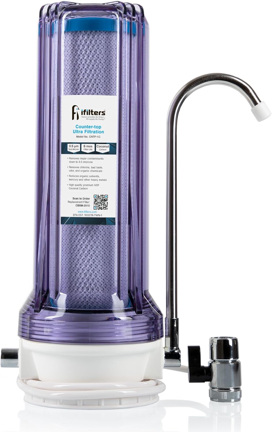 iFilters CNTP-1C Countertop Drinking Water Filtration System with NSF 0.5 Micron Coconut Carbon Filter & Faucet Adapter | Reduces Chlorine, VOCs, Cysts, Pesticides, Bad Taste, Odor & Organic Chemicals