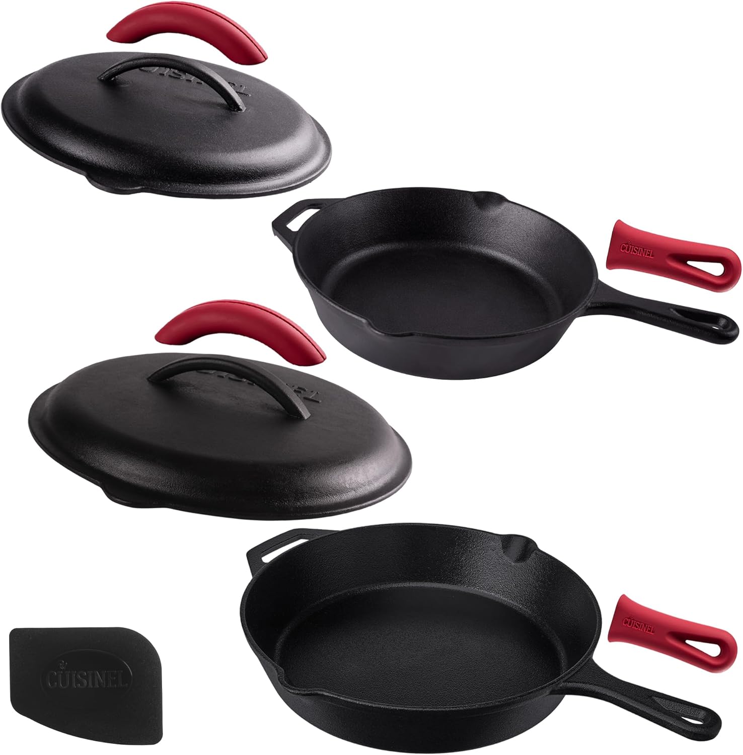 Cast Iron Skillet Set with Lids – 10″+12″-inch Pre-Seasoned Covered Frying Pan Set + Silicone Handle and Lid Holders + Scraper/Cleaner – Use Indoor/Outdoor, Oven, Stovetop, Fire, BBQ Kitchen Cookware
