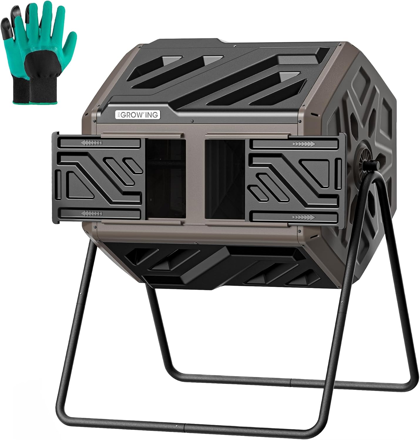 THEGROW’ING 43 Gallon Dual Chamber Compost Bin with Built-in Nuts, Outdoor Rotating Composter Tumbler for Garden Backyard, Brown