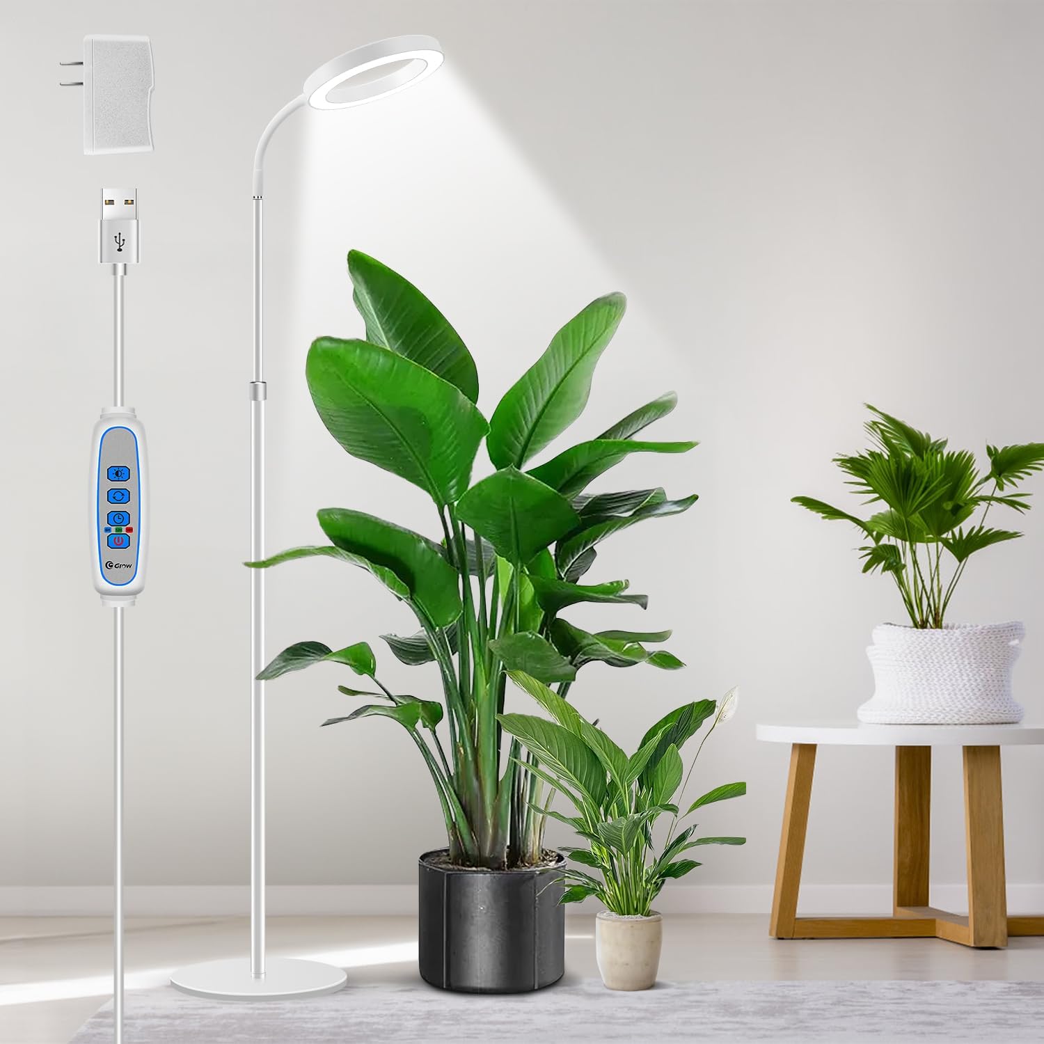 Aumtrly Floor Grow Lights for Indoor Plants, Full Spectrum Plant Light with 68″ Stand for Growing Large Tall Plants, White Halo Grow Lamp with 6/12/16H Timer, 3 Light Modes, 5 Dimming