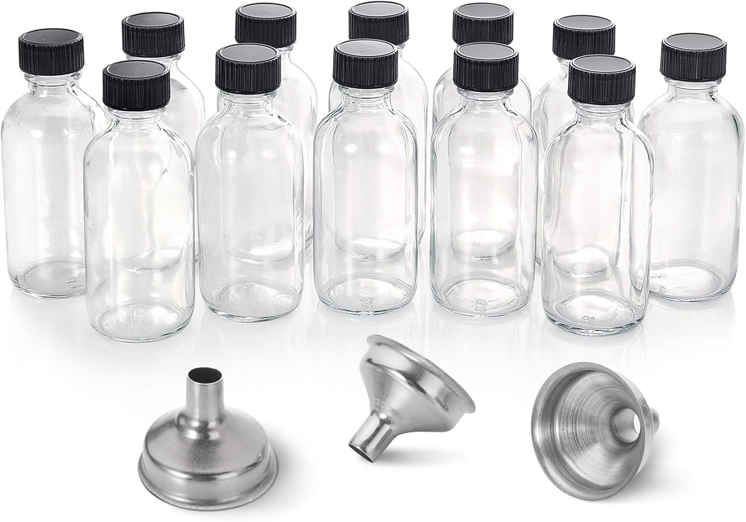 AOZITA 12 Pack, 2 oz Small Clear Glass Bottles w/Lid & 3 Funnels – 60ml Boston Shot Bottles for Health, Immunity, Potion, Wellness, Sample, Ginger, Juice – Mini Personal Care & Beauty Travel Bottle