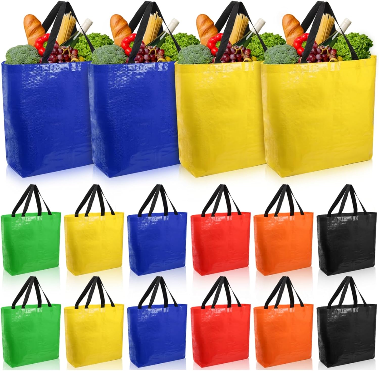 12 Pieces Reusable Grocery Bags, XL Heavy Duty Plastic Shopping Bag Bulk, Hold up to 80 Lbs, Waterproof Multicolor Tote with Handles for Fruit, Vegetable, Cans, Bottles
