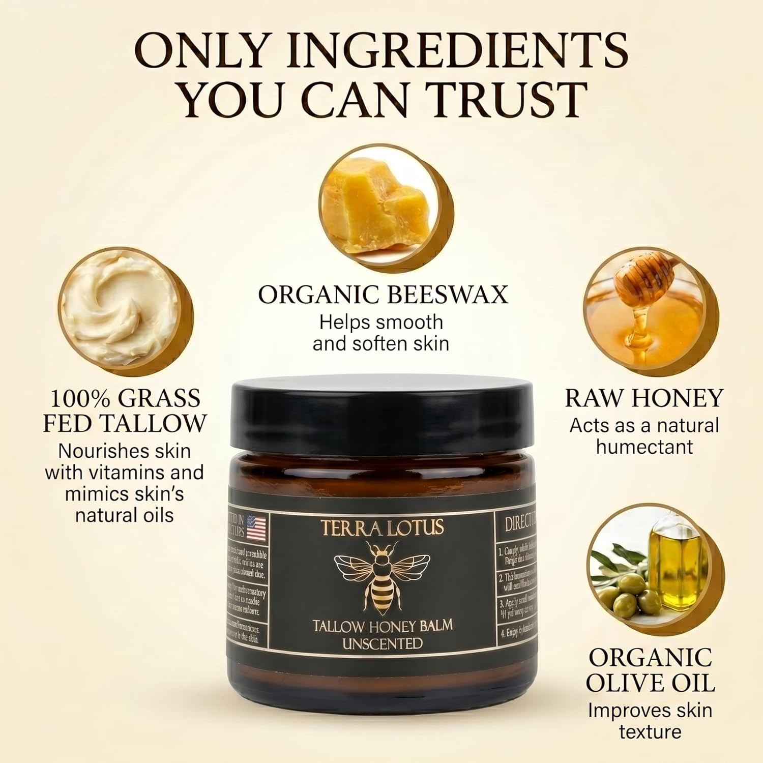 Terra Lotus – Organic Grass-Fed Beef Tallow Balm with Raw Honey – Moisturizing Cream for Soft, Smooth Skin – Handmade All-Natural Moisturizer (2 Oz, Lavender)