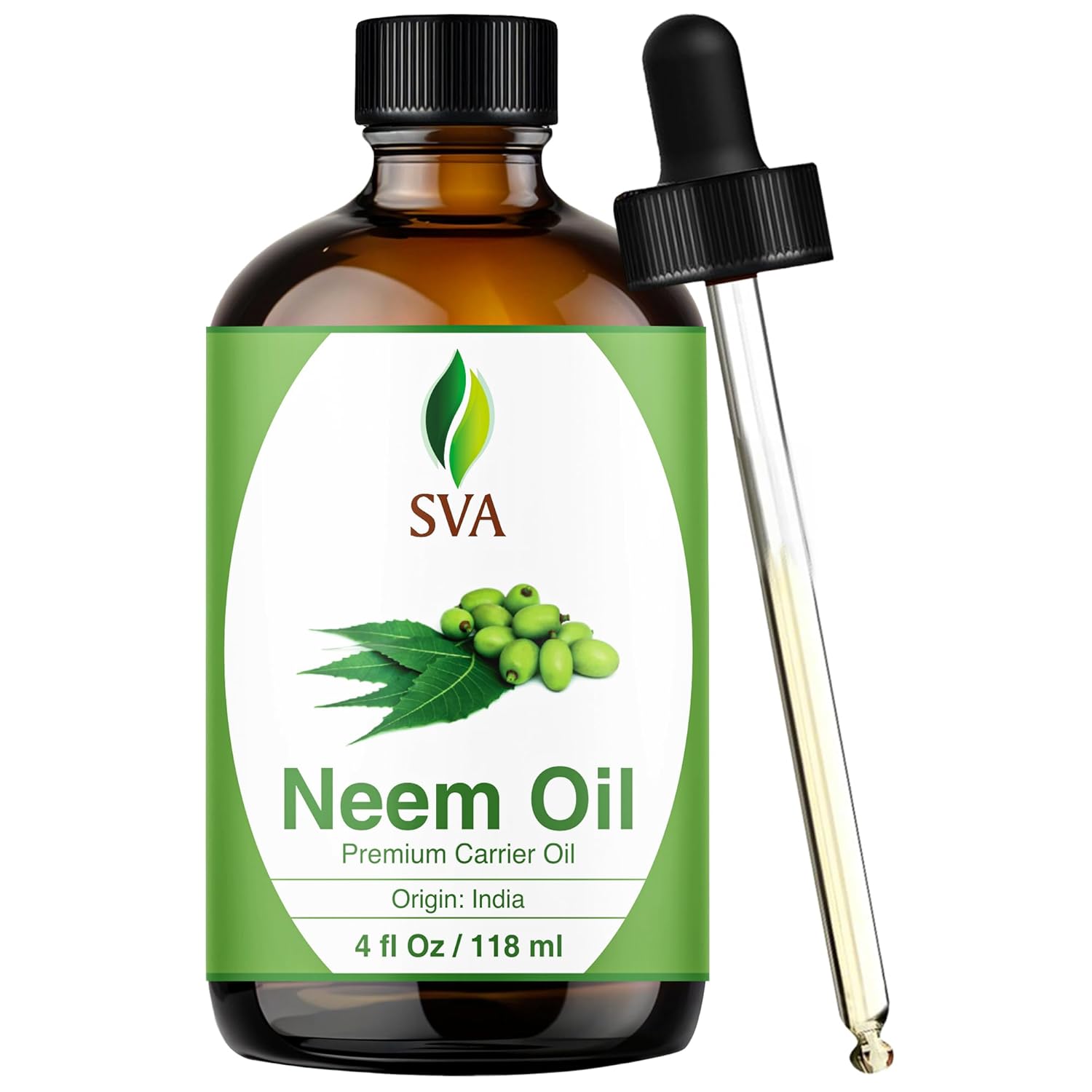 SVA Neem Seed Oil – 4 Fl Oz – 100% Natural Cold Pressed Neem Oil – for Face, Skin Care, Hair Care, Scalp Massage & Body Massage – Carrier Oil with Dropper