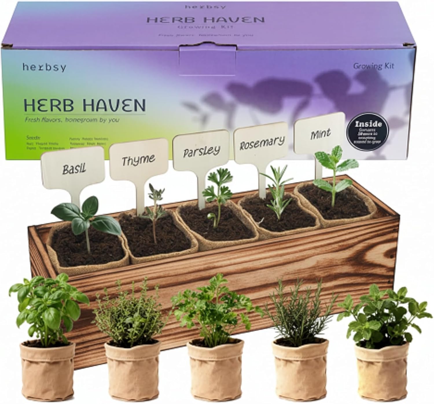 5 Herb Garden Kit with Wooden Box – Basil, Thyme, Parsley, Rosemary, Mint – Windowsill Herb Garden for Kitchen – Mother’s Day Gift for Mom, Gardening Gift for Women – Birthday Housewarming