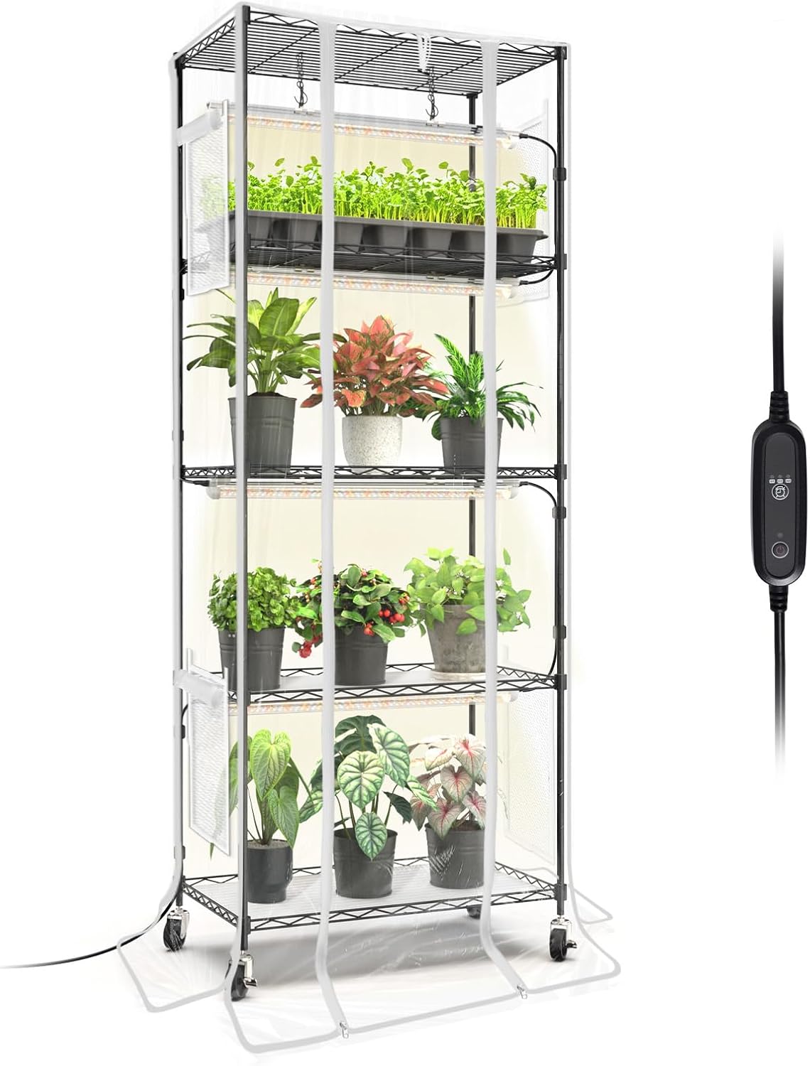 Bstrip Indoor Greenhouse with Grow Light, 5 Tier 23.5″x13.8″x59″ Mini Greenhouse with 4 Pack 24W Full Spectrum Plant Lights & Timer, Plant Shelf with Cover for Indoor Plant, Seed Starting, Seed Tray