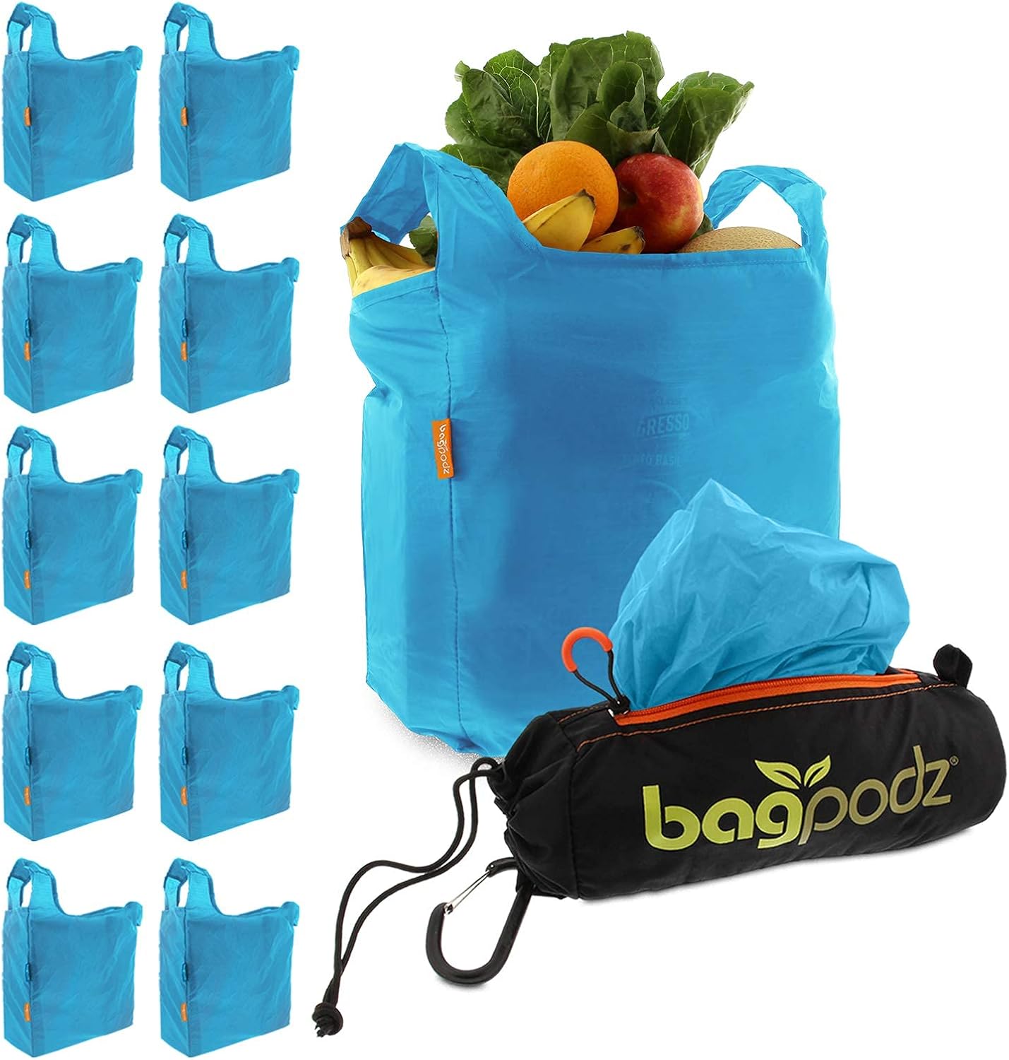 Sturdy Reusable Grocery Bags Foldable and Washable – Made From RipStop Nylon Hold 50lbs – Designed in USA Reusable Shopping Bags Inside a Compact Pod with Carry Clip – 10 Pack in Blue