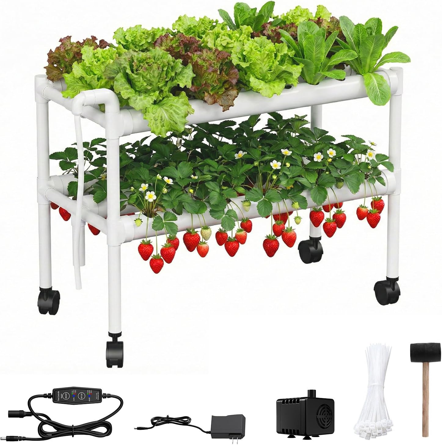 Hydroponics Growing System Kit with Wheels, 54 Plant Sites Gardening Aquaponics Tower, 2-Tier Food-Grade PVC-U Pipes Water Pump Timer for Leafy Vegetables, Indoor, Outdoor (33″x35″x14″ in 54 Holes)