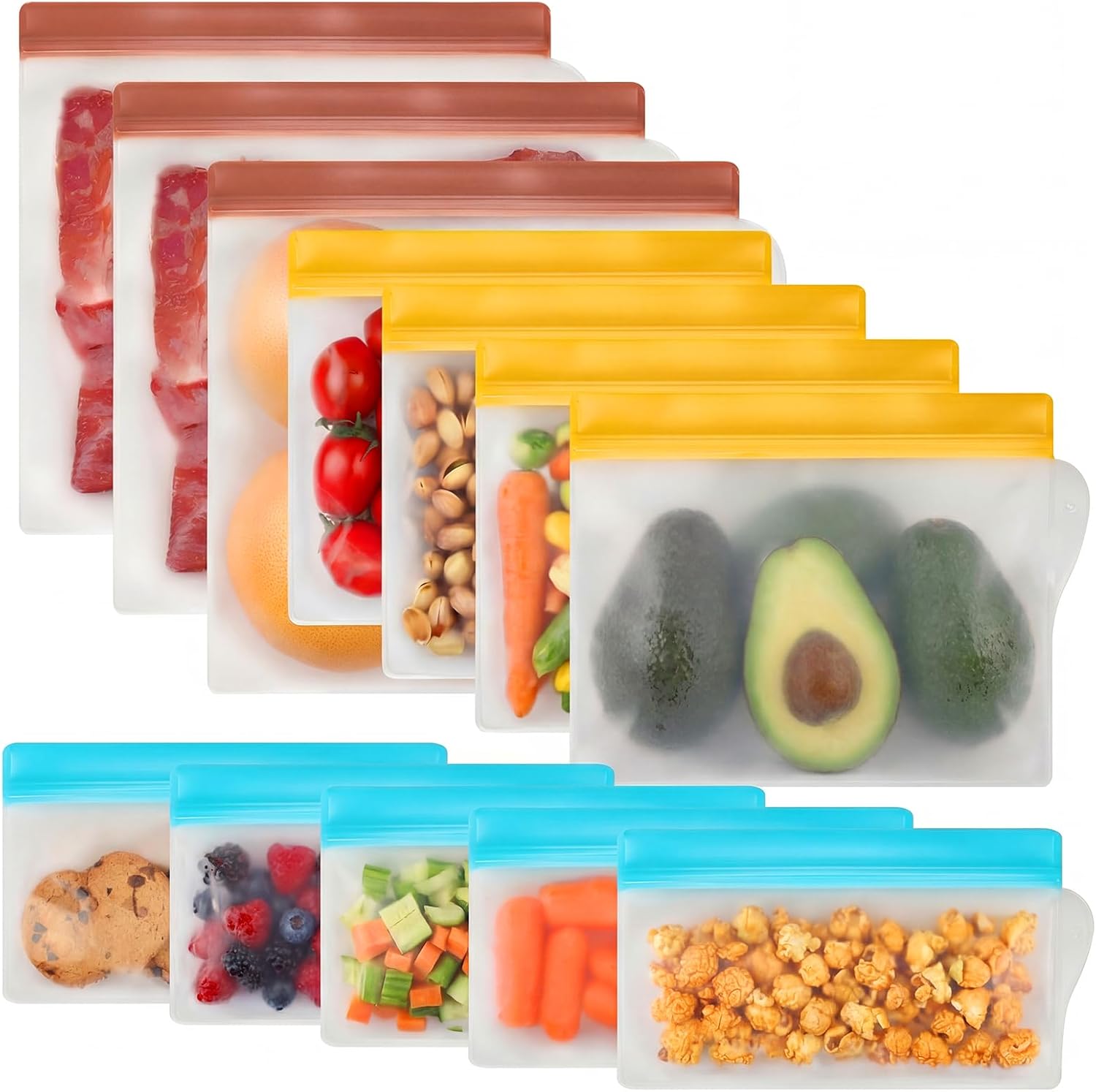 RLAVBL 12 Pack Reusable Freezer Bags, Leakproof Food Storage Bags for Vegetable, Liquid, Snack, Meat, Sandwich – 3 Gallon 4 Sandwich 5 Snack Bags