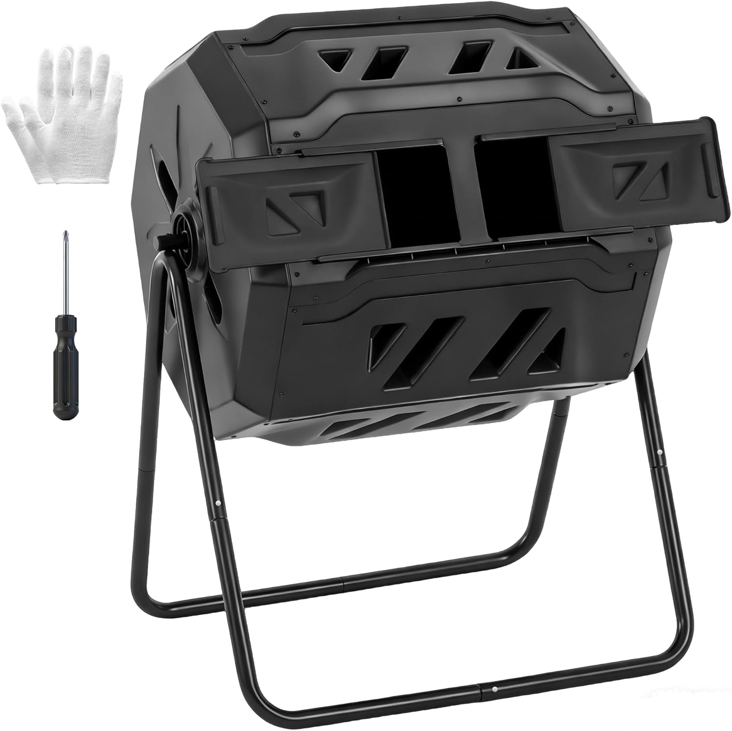 OLIXIS Compost Bin Outdoor 43 Gallon, Dual Chamber Composter Tumbler Outdoor with Gloves, Efficient 360°Rotating Composting Bin for Patio, Lawn, Home Gardening and Landscape, Pure Black