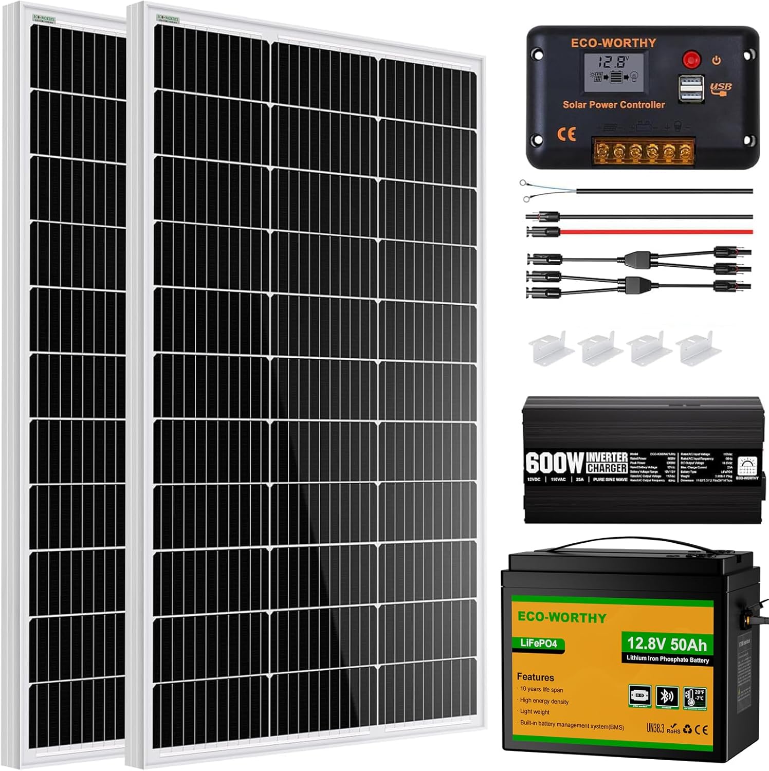 ECO-WORTHY 200 Watt 12V Complete Solar Panel Starter Kit for RV Off Grid with Battery and Inverter: 200W Solar Panels+30A Charge Controller+50Ah Lithium Battery+600W Solar Power Inverter