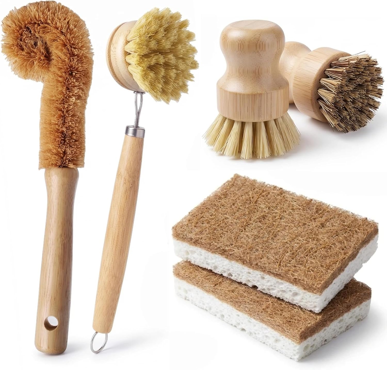 Natural Bamboo Dish Brush Set – 6 PCS Kitchen Cleaning Brush Kit with 4 Utensil Brushes and 2 Coconut Fiber Dish Sponges, for Cleaning Pots, Pans, Dishes, Bottles, Vegetables, and Fruits
