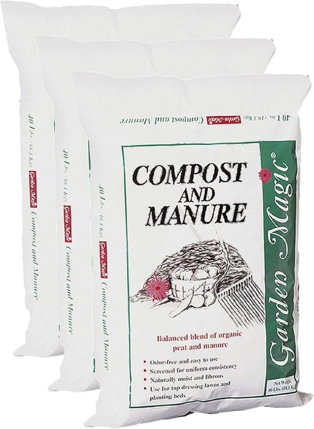 Michigan Peat 40 Pound Garden Magic Compost and Manure with Odor Free Blend and Naturally Moist and Fibrous for Lawn and Garden, 3 Pack